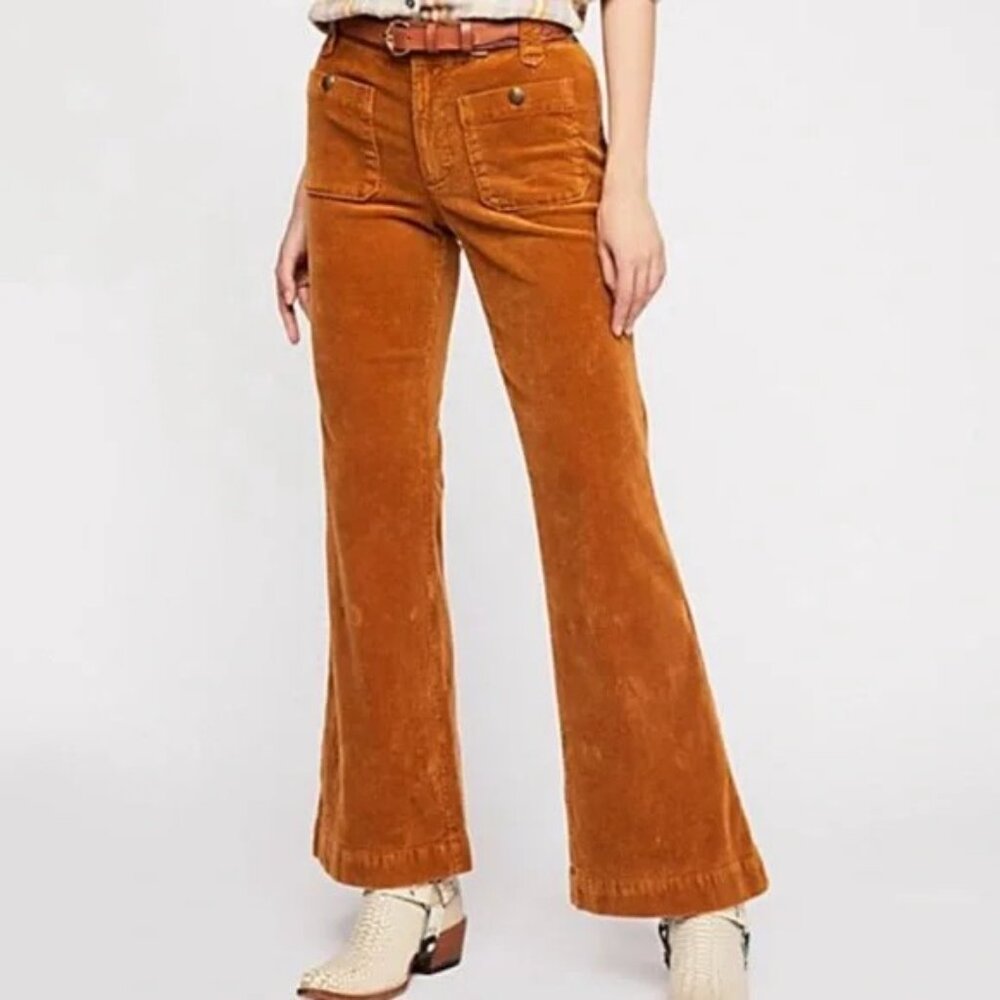 Free People Corduroy Flare Pants Patch Pocket Camel Mustard Size 0